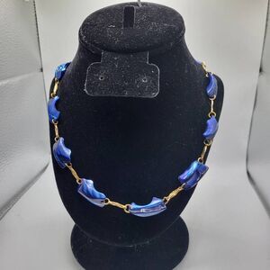 Beautiful Cerulean Blue Mother of Pearl and Gold Necklace